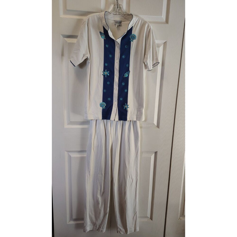 Vintage Jantzen Classics 2-Piece Lounge Set White Blue Nautical Starfish Size M